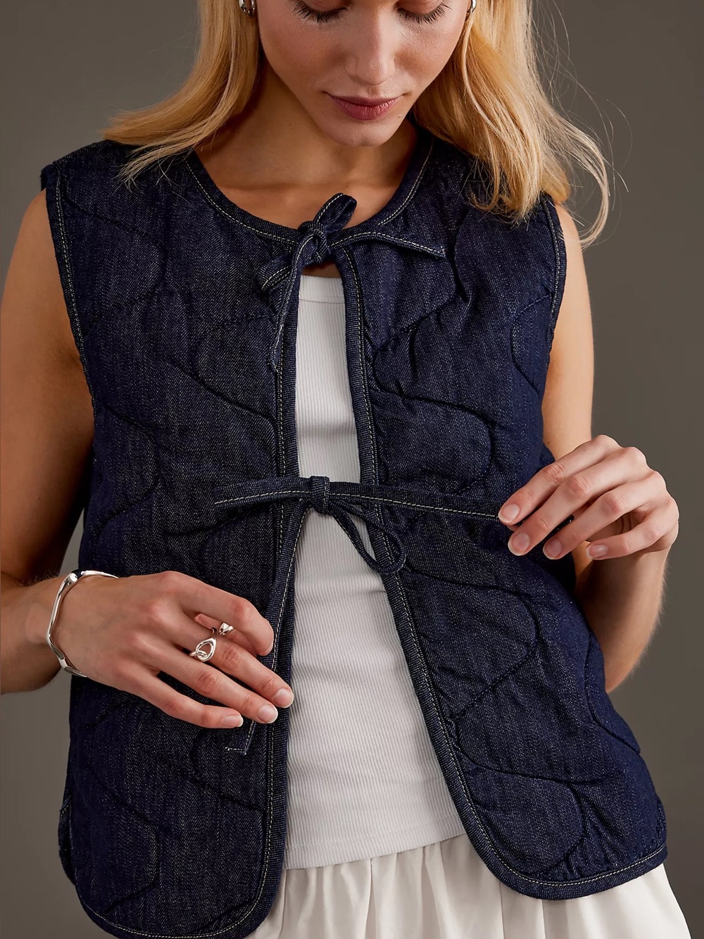 Damson Madder blue denim dark tie front gilet 10 US/14 UK